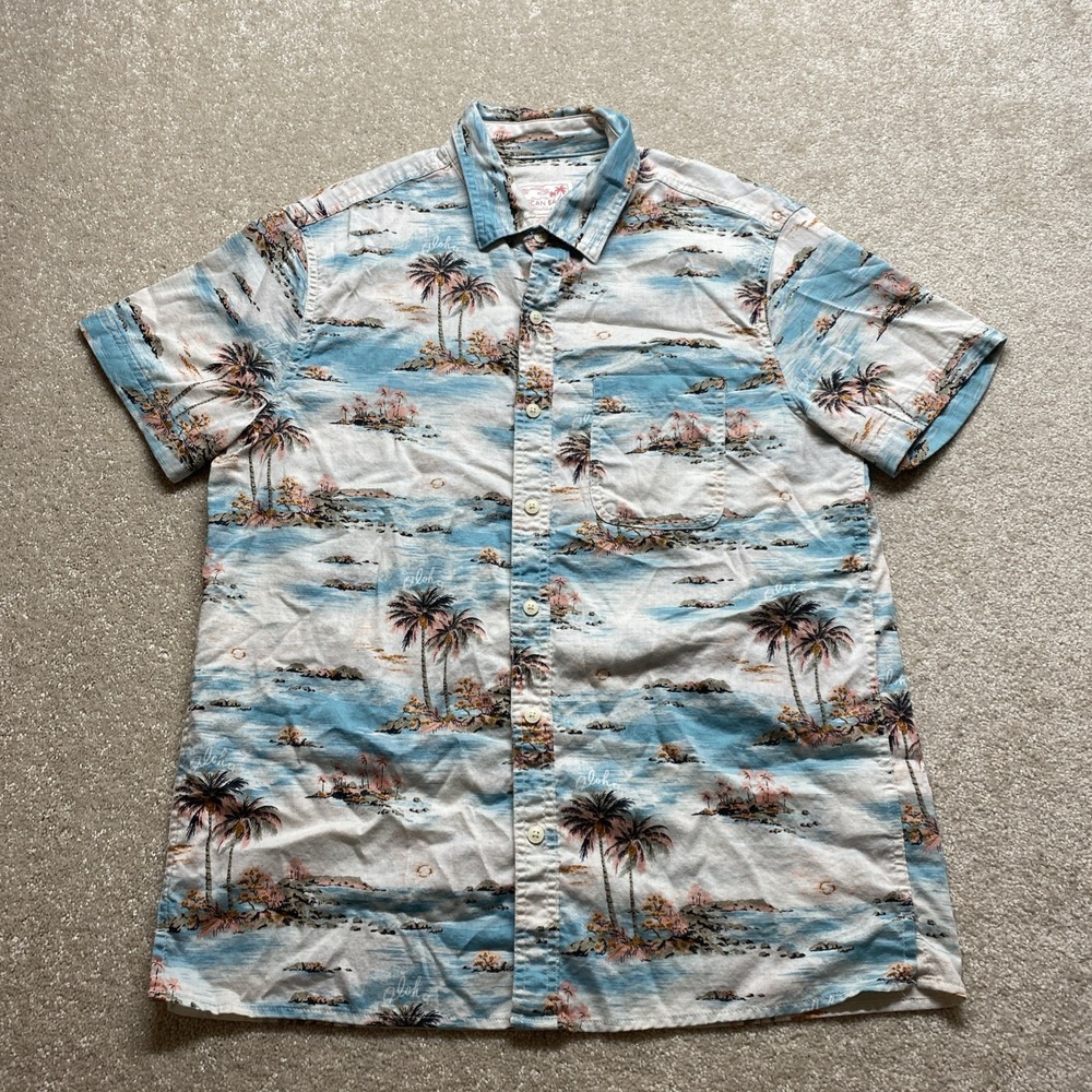 American Eagle Button Down Shirt Mens Medium Blue Tropical Palm Tree Linen Blend